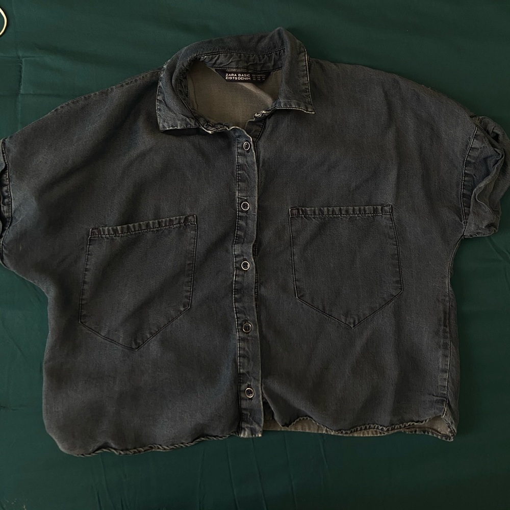 Zara button down denim blouse crop top fit